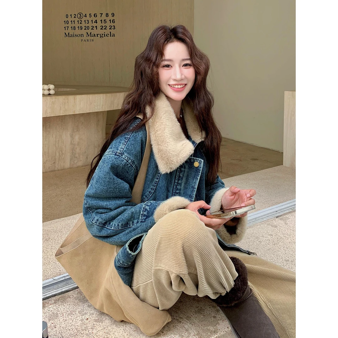 蓝色港味覆古工装牛仔短外套女冬2025新款加绒加厚小个子棉衣棉袄