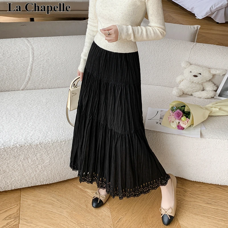 拉夏贝尔2025秋中长款百褶半身裙时尚百搭大摆松紧腰压褶高腰裙女