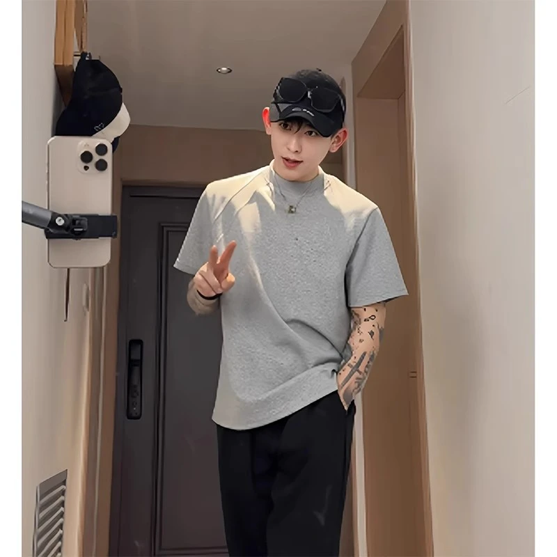 序77同款cleanfit灰色拼接短袖液氨棉boxy版型短款t恤男夏季重磅