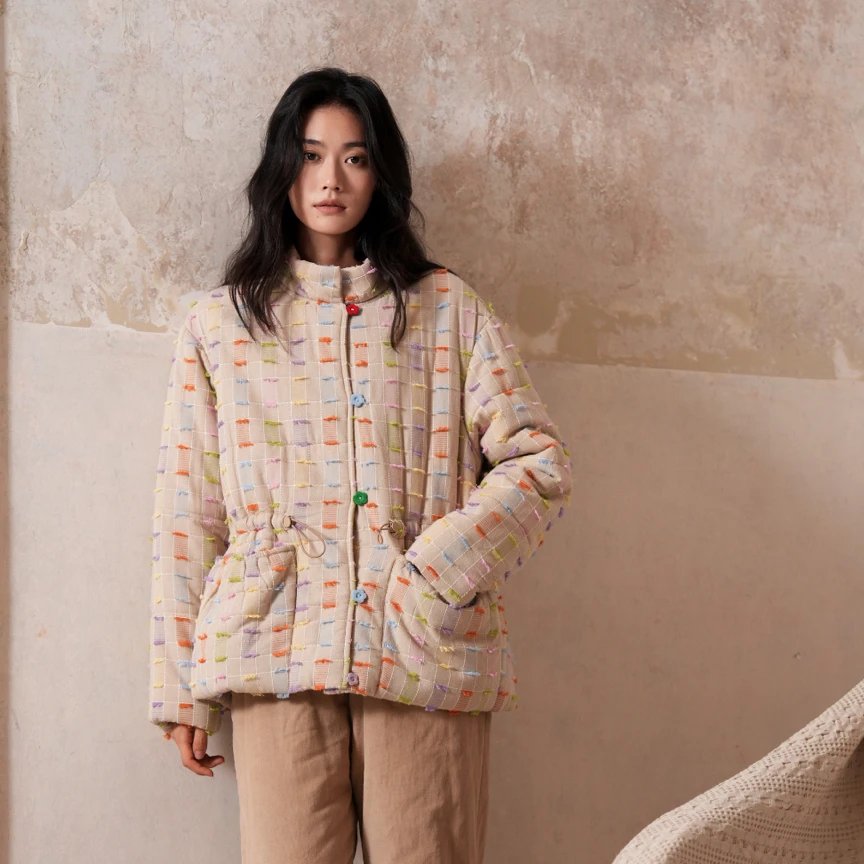 （新化静静内衣）家居服夹棉女冬彩格子加绒加厚可外穿三层