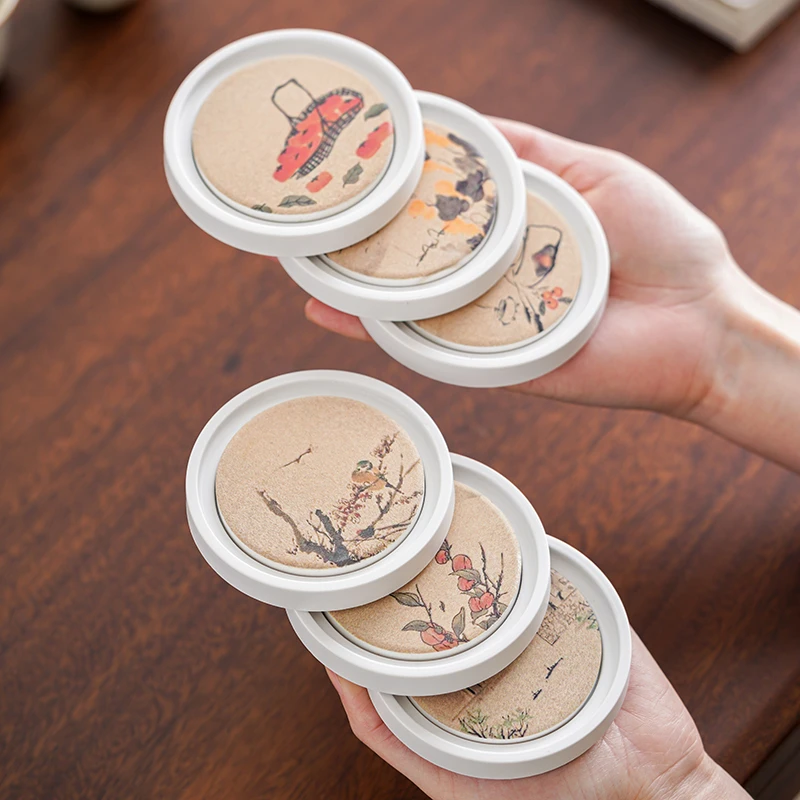 远舍新款吸水白色茶杯垫茶杯托隔热垫五福杯垫六个装带框茶具配件