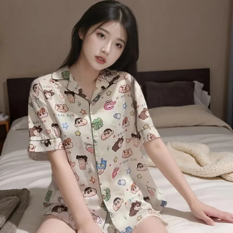 【蜡笔小新】春秋季新款睡衣小翻领爆款三件套时尚家居服可外穿套装