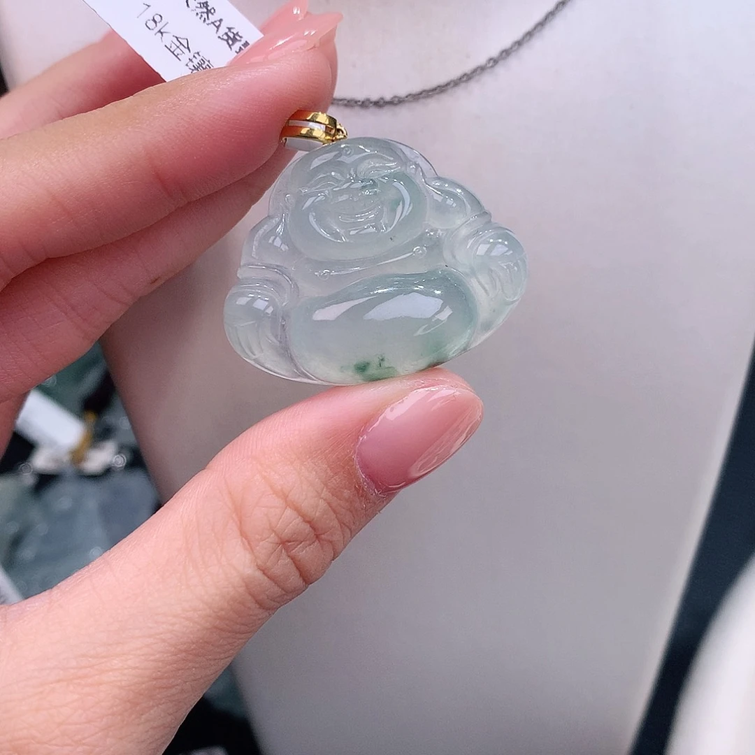 颈饰18K金镶嵌翡翠冰飘花佛公