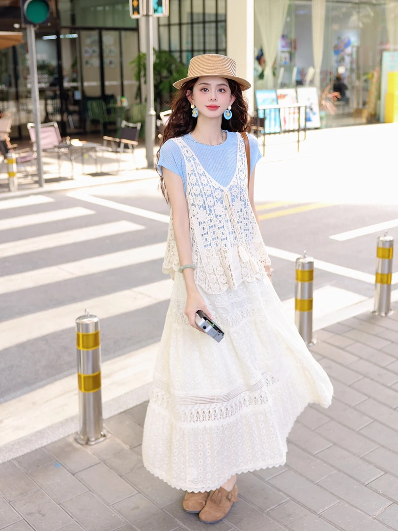 Y1293复古短袖女t恤夏日绝美巨好看上衣显瘦百搭裙子三件套