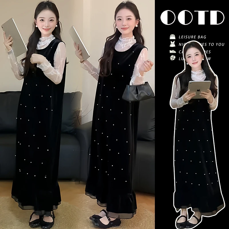 赫本风孕妇装秋装法式气质穿搭潮款蕾丝打底衫复古重工钉珠连衣裙