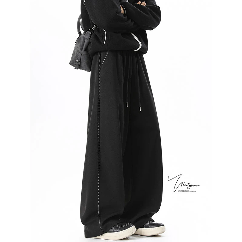 V37美式复古黑色抽绳卫裤男秋冬设计感小众休闲百搭直筒情侣长裤