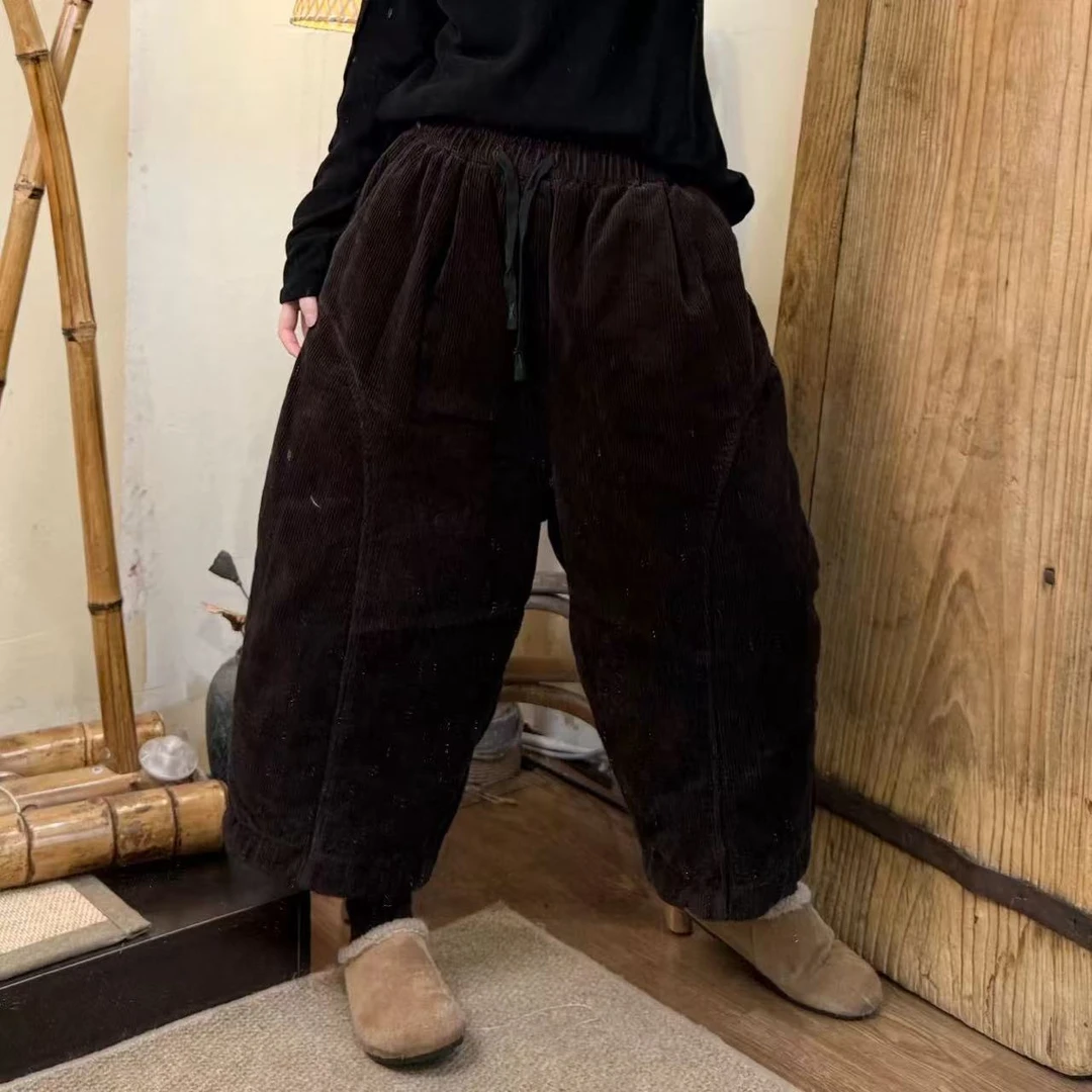 新款休闲百搭简约风捏褶拼接夹棉灯芯绒棉裤裤长82臀围130裤腰104