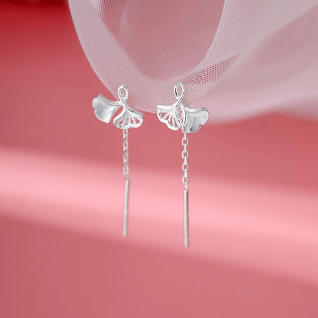 足银耳饰 足银990经典银杏叶耳线