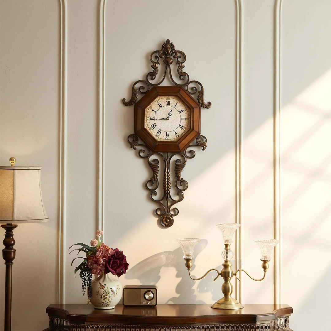 实木复古美式挂钟创意时钟表铁艺静音客厅欧式个性时尚家居装饰品