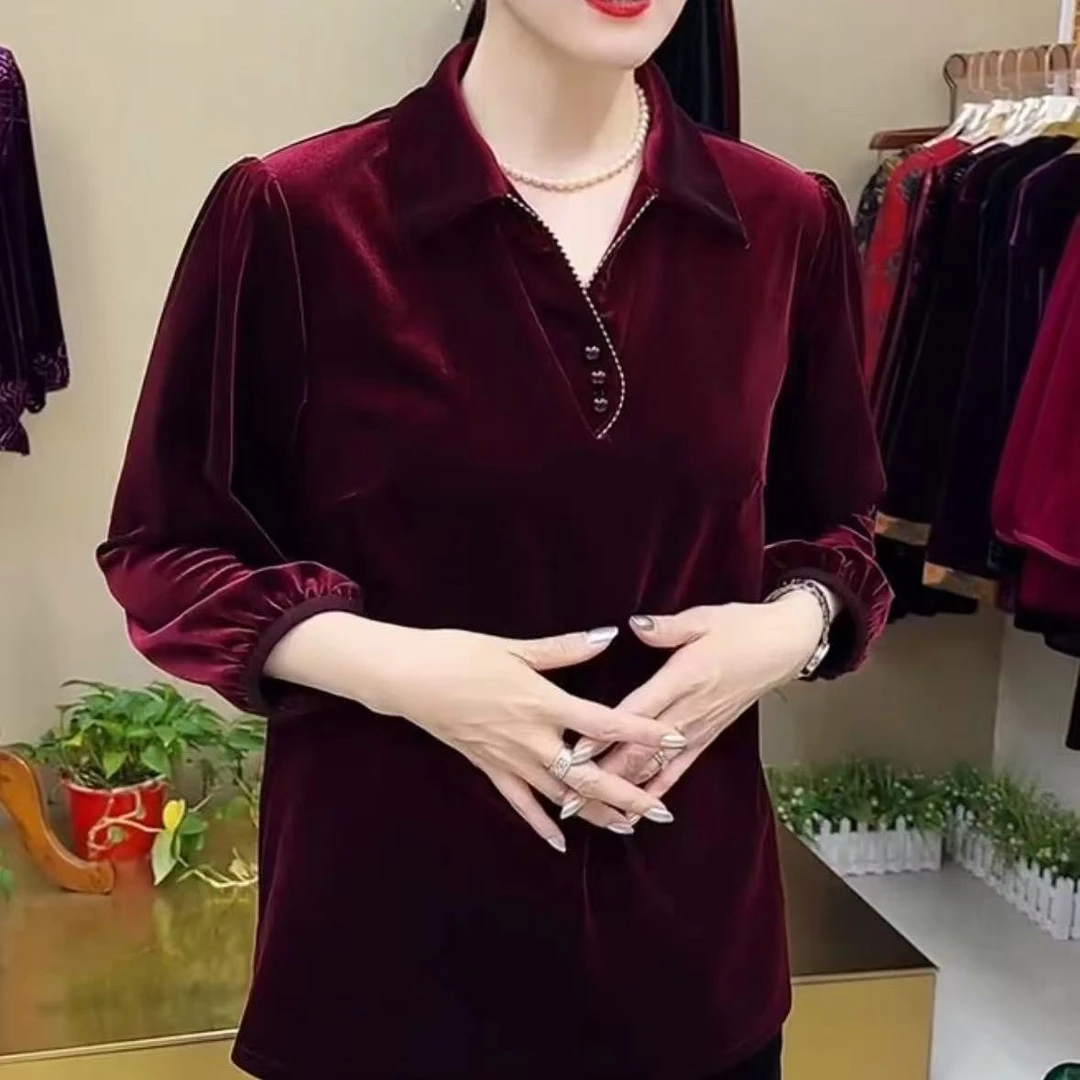 (小曼推荐)3365-新款减龄时尚翻领丝绒女士洋气上衣