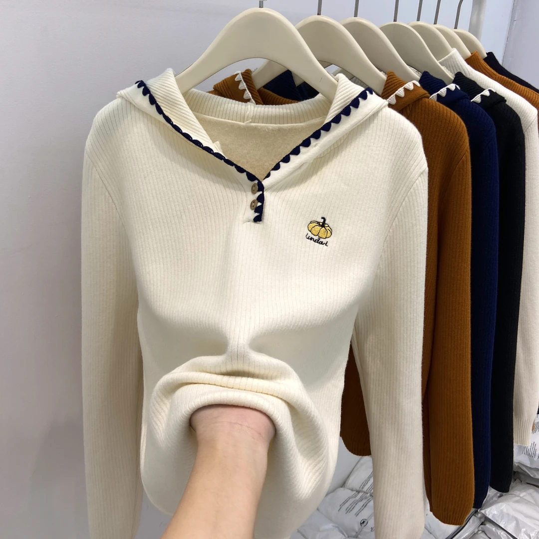 高品质加绒加厚连帽针织衫女南瓜刺绣打底软糯风长袖套头毛衣上衣