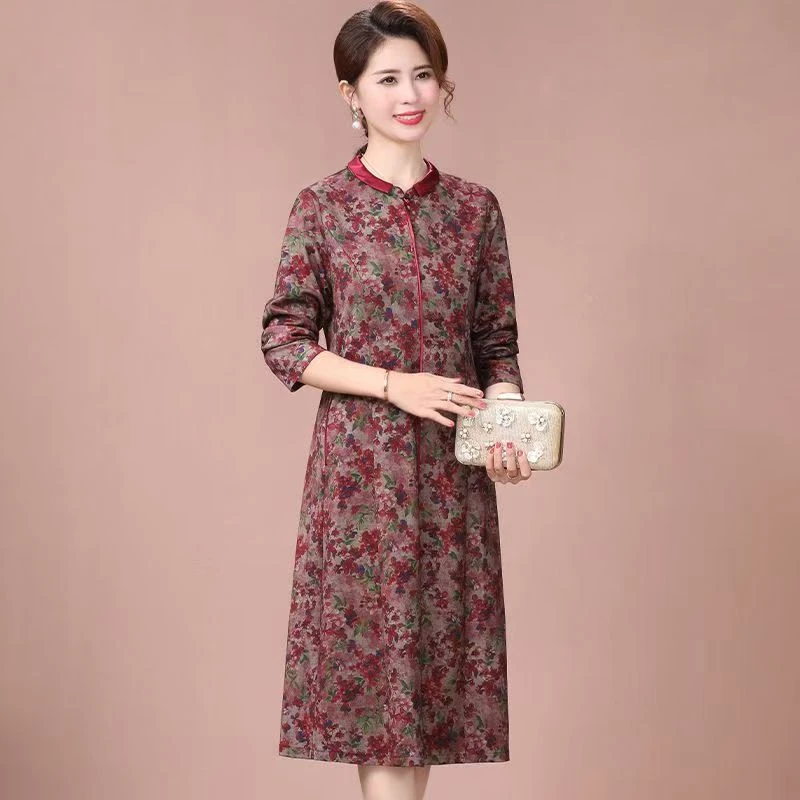 【羽墨】68820中长款连衣裙春秋旗袍领打底裙