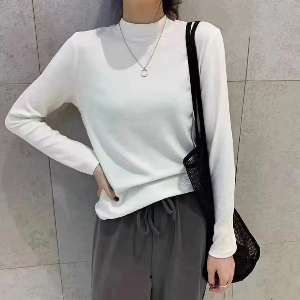 秋冬新款加绒半高领打底衫女百搭简约修身内搭小众长袖t恤上衣ins