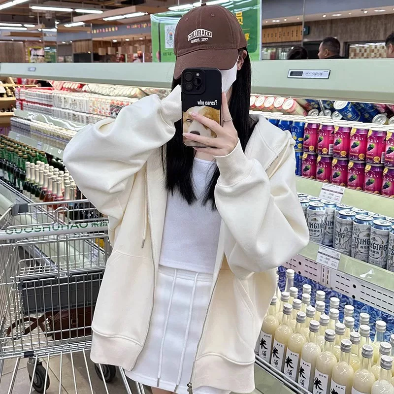 【董咚咚】开衫连帽拉链女士春秋卫衣长袖宽松薄款300斤