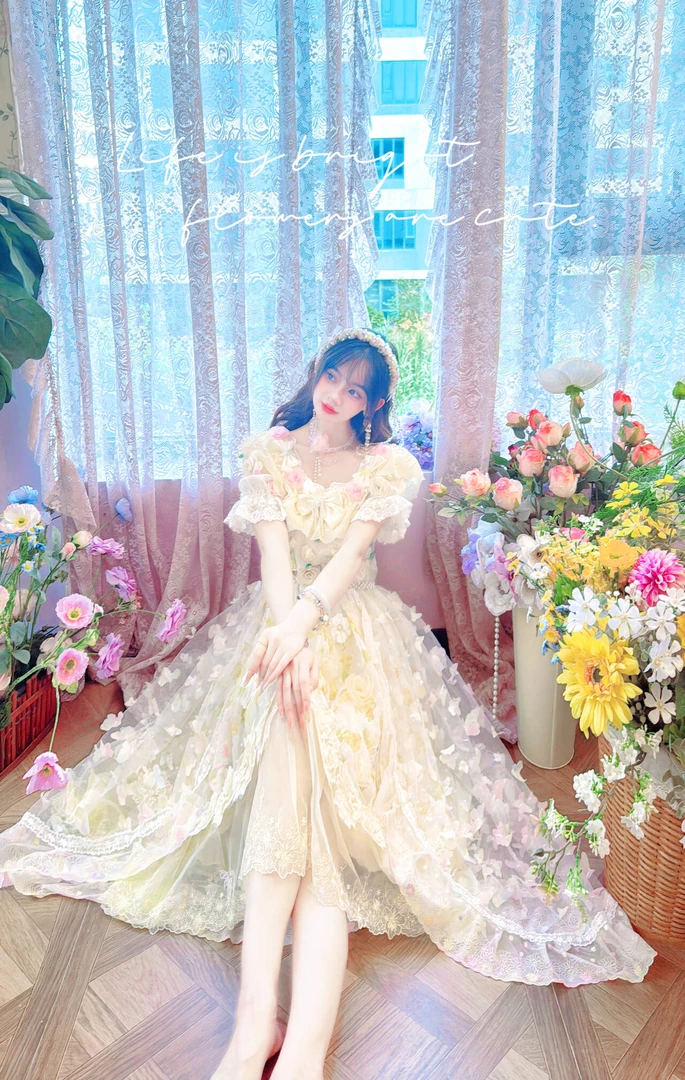 80黄亦玫黄玫瑰高定盘花玫瑰花朵刺绣纱花花朵长款大裙摆公主长裙