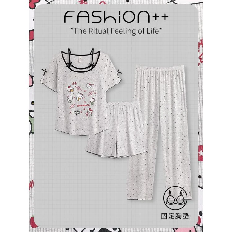 【带胸垫】夏季莫代尔女士短袖短裤长裤三件套睡衣卡通灰色家居服