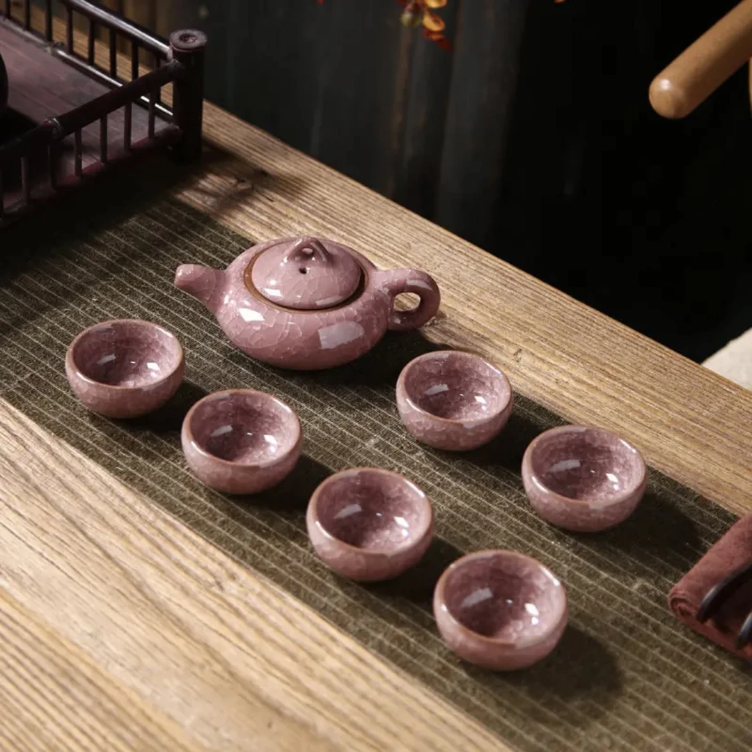 A 129(礼盒装)玫红冰裂釉陶瓷茶具套装家用功夫茶具简约茶壶
