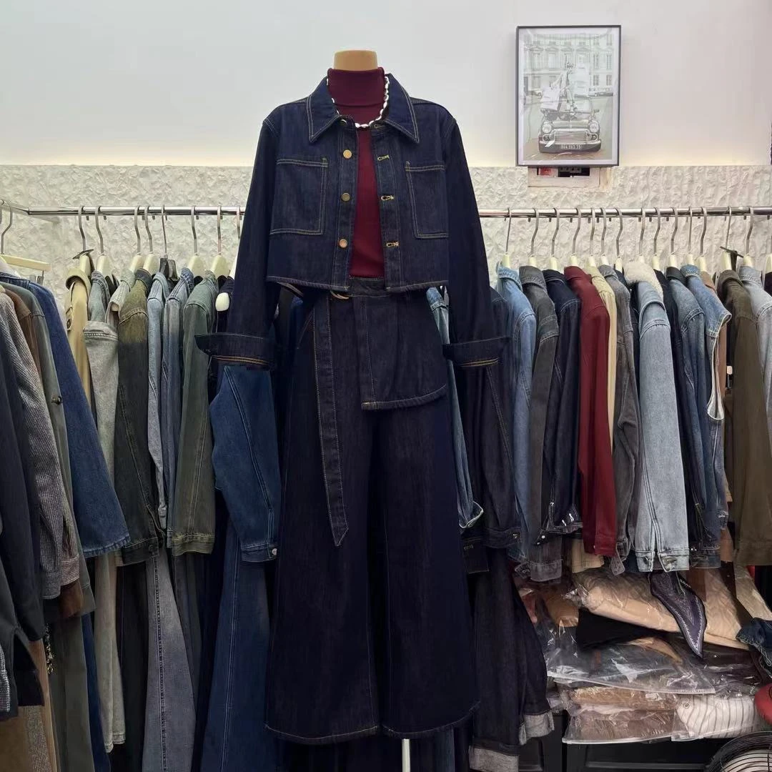 B6187时尚百搭复古修身显瘦加绒加厚长袖牛仔短外套阔腿+长裤套装