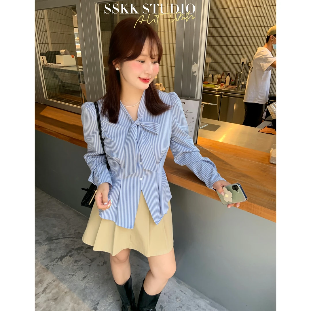 KMZY/KMZY山_山【高智miu系】微胖早秋韩系条纹衬衫系带气质衬衫女