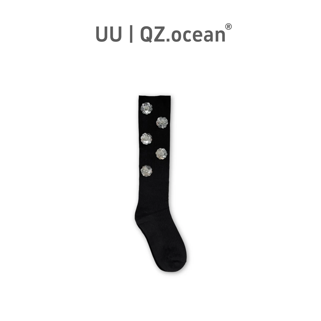 【邱杨定制】01177 秋冬新款亮片花朵中筒袜