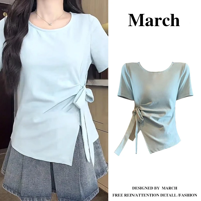 大码不规则绑带蝴蝶结短袖T恤夏季胖mm显瘦遮肚收腰半袖上衣5980