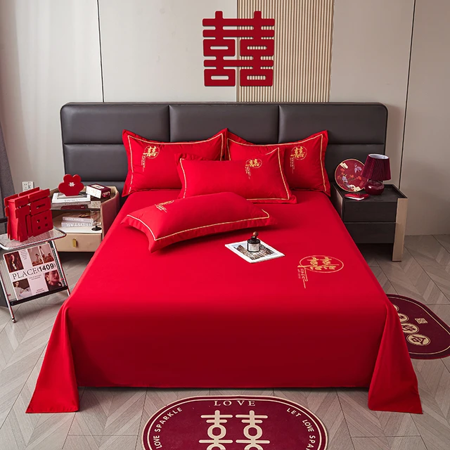 大红色婚庆床单单件结婚用喜庆被单枕套三件套喜字刺绣酒店婚嫁款