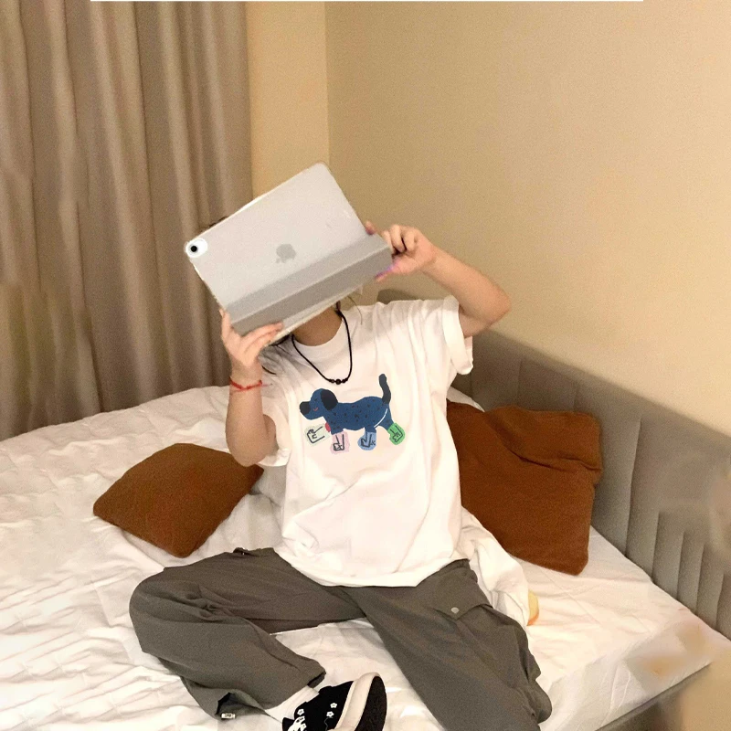 卡通趣味散步小狗毛巾绣2025夏季新款百搭纯棉短袖#MJ004