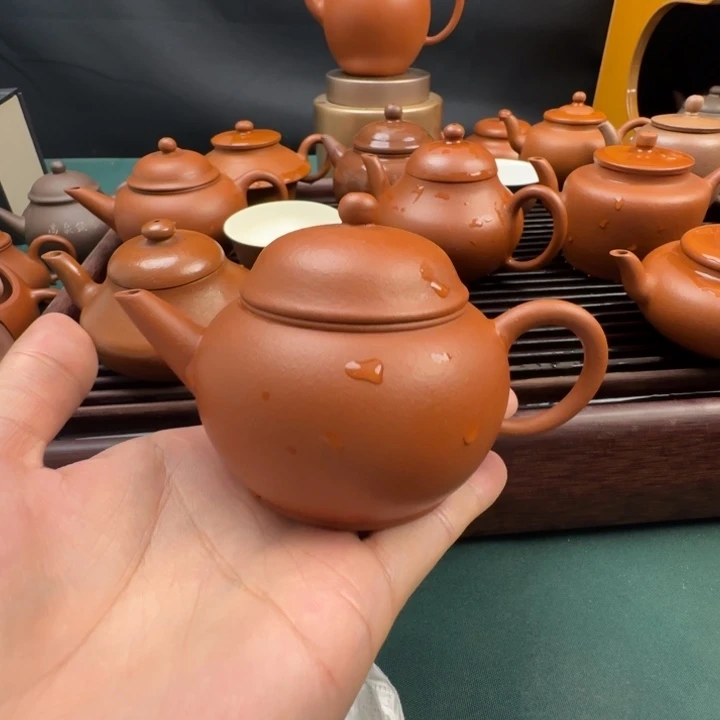 琉璃手工艺品大盔帽红泥水平壶容量105cc