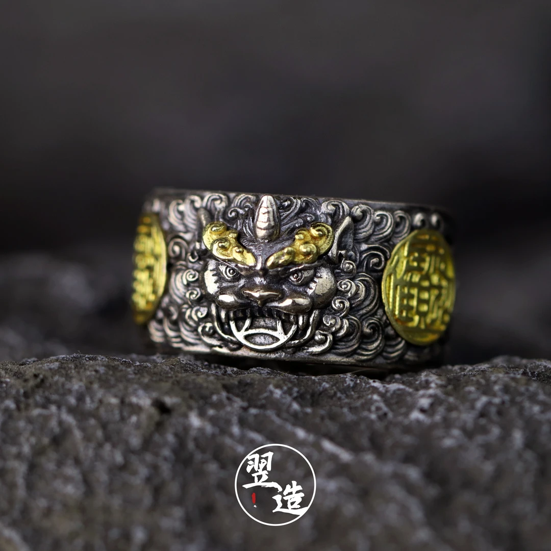 翌造 925银戒指 【貔貅戒指】原创国风手工时尚复古可开口银饰商品图