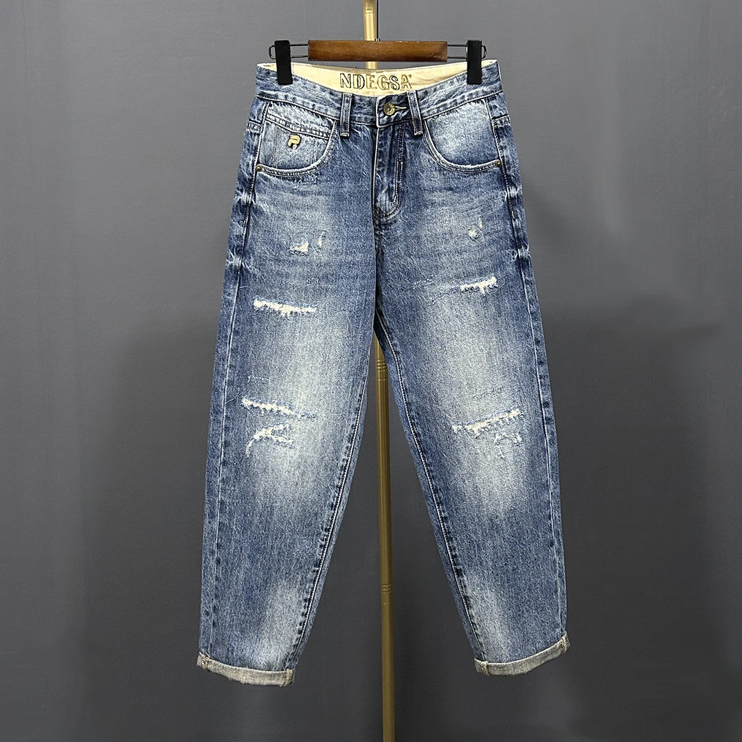 九分破洞补丁男士牛仔裤小宽松微锥硬汉潮流春夏新款9分休闲裤子