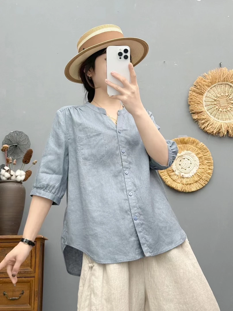 （花千正品）夏季V领亚麻短袖女夏季减龄纯色显瘦薄款七分袖衬衣