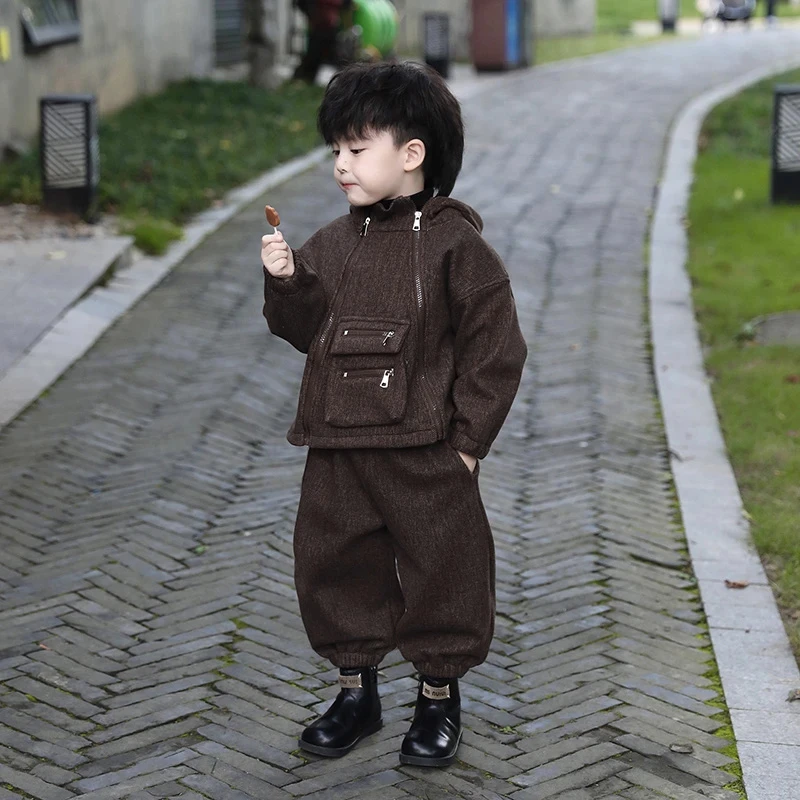 【溶岩摩卡】2024新款冬季新款儿童加绒双拉链连帽外套长裤套装