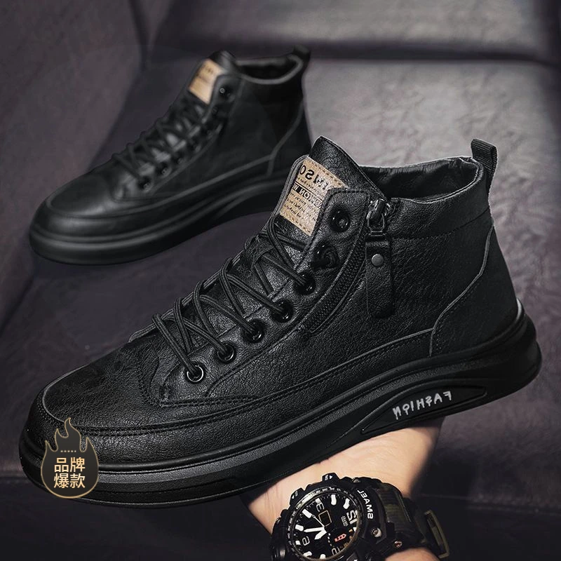 驾驶员开车专用鞋高帮男鞋春季英伦风休闲皮鞋男士黑色中帮板鞋春