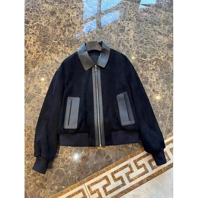 黑色高级感拼接翻领麂皮绒短外套女秋季新款潮牌复古休闲夹克上衣