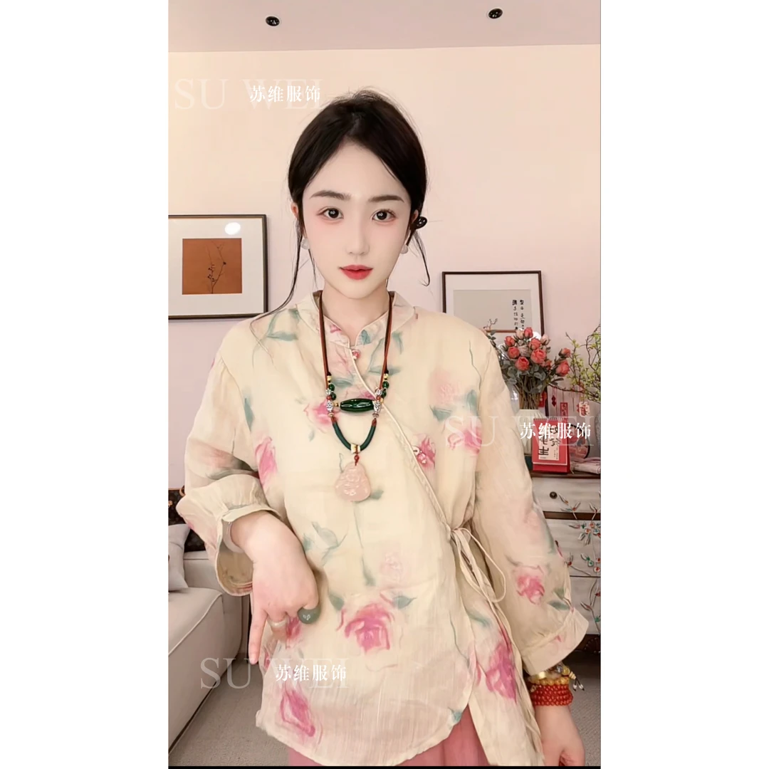 【彩棠】8068花朵苎麻双层七分袖新中式衬衫提花复古风上衣女