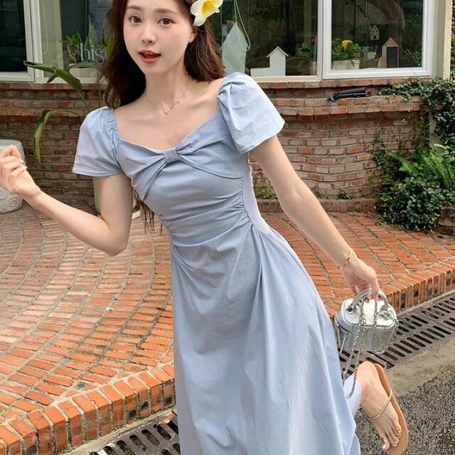 大码法式连衣裙女夏季蓝色收腰气质短袖长裙微胖MM蝴蝶结露肩裙子