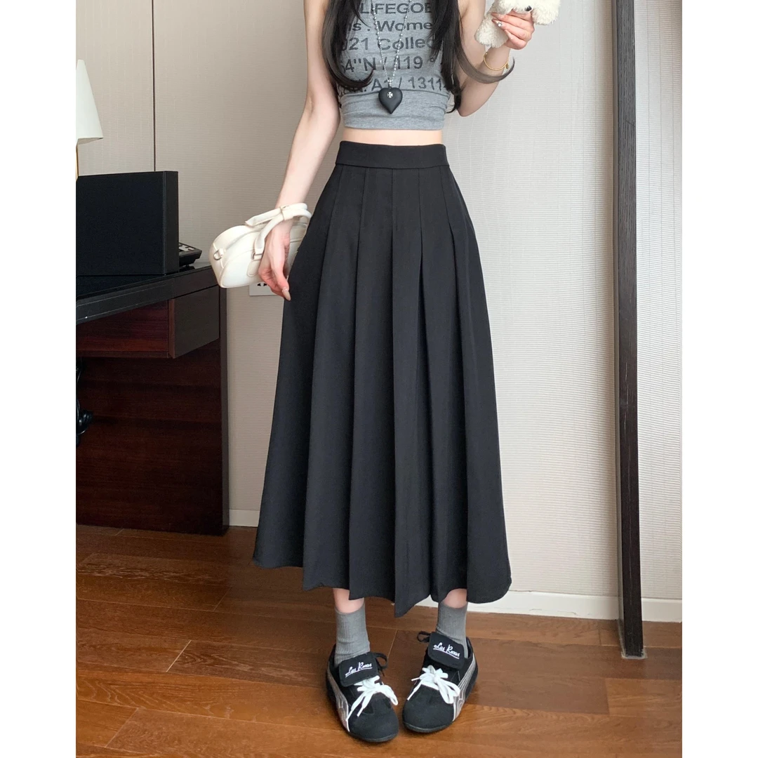 JINGJING【百褶曲】大码春夏新款高腰松紧中长款垂感a字显瘦百褶裙