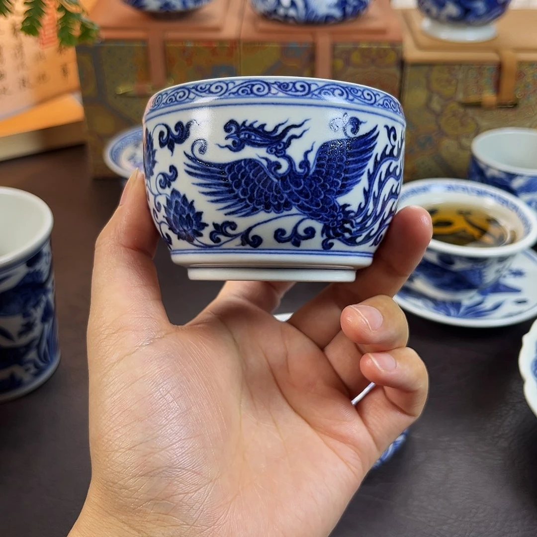 朝岚夕霞窑全手绘青花双凤主人杯原矿釉烧制