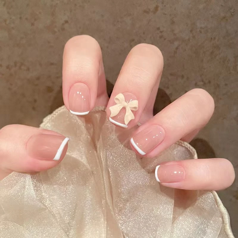 M73奶白纯色法式白边无折痕美甲贴片短甲蝴蝶结