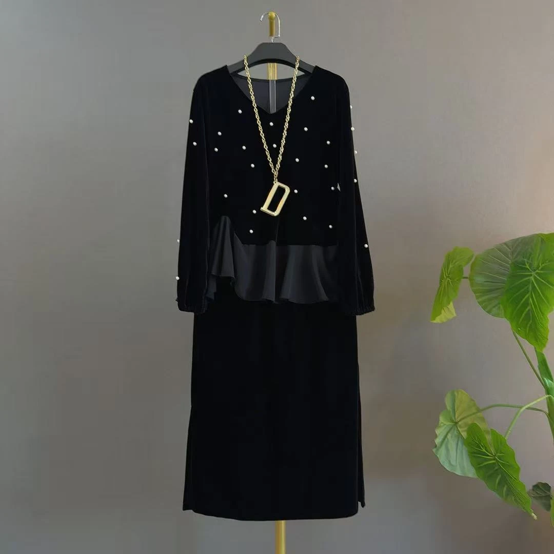 名媛风时尚套装上衣长袖时尚洋气休闲春季显瘦不规则钉珠大码套装