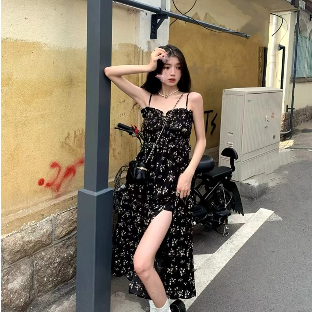 小个子140-168改版定制长款茶歇裙碎花裙吊带连衣裙夏季高腰显瘦