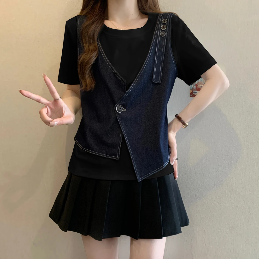 假两件牛仔拼接短袖T恤女夏季大码微胖mm正肩高级感小衫个性上衣