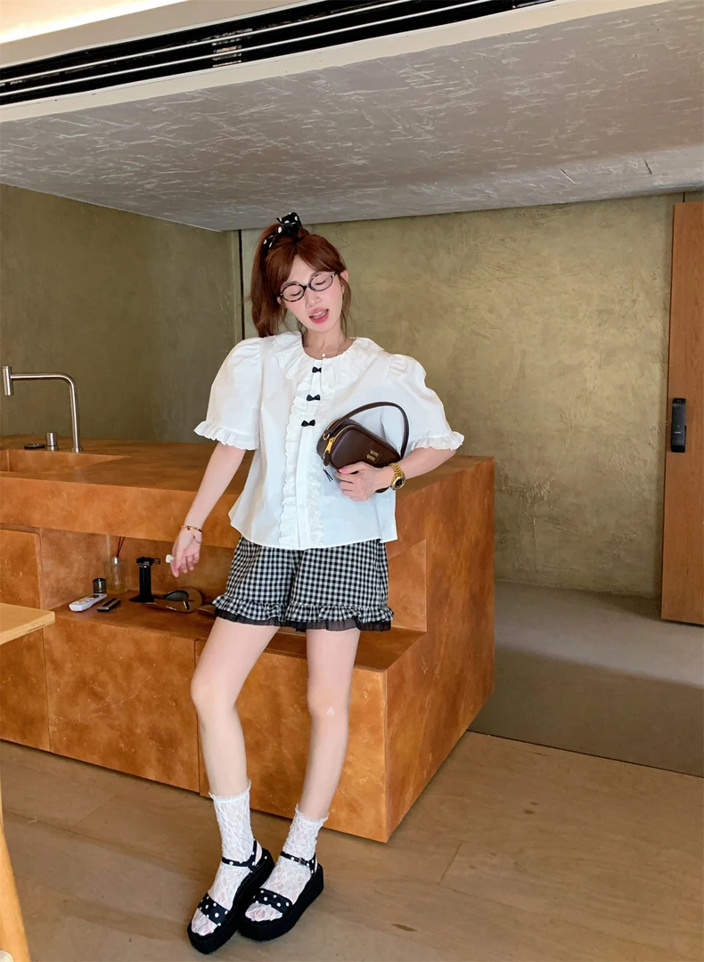 JENNIFER JXLIU韩版复古宫廷风蕾丝花边蝴蝶结白色衬衫泡泡袖上衣