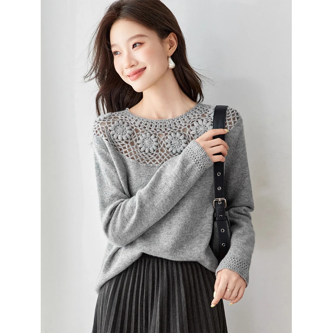 Touch Miss镂空绣花毛衣女秋冬季甜美气质羊毛针织打底衫