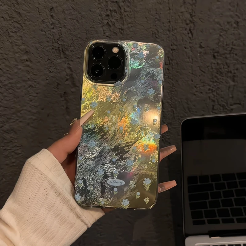 适用苹果16手机壳华为p漩涡IMD新款晕染蓝郁金香简约小众小米15