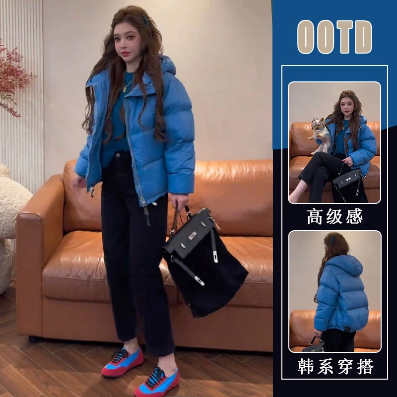 蓝色短款连帽龟背时尚棉服女冬季保暖超好看减龄加厚面包服外套潮