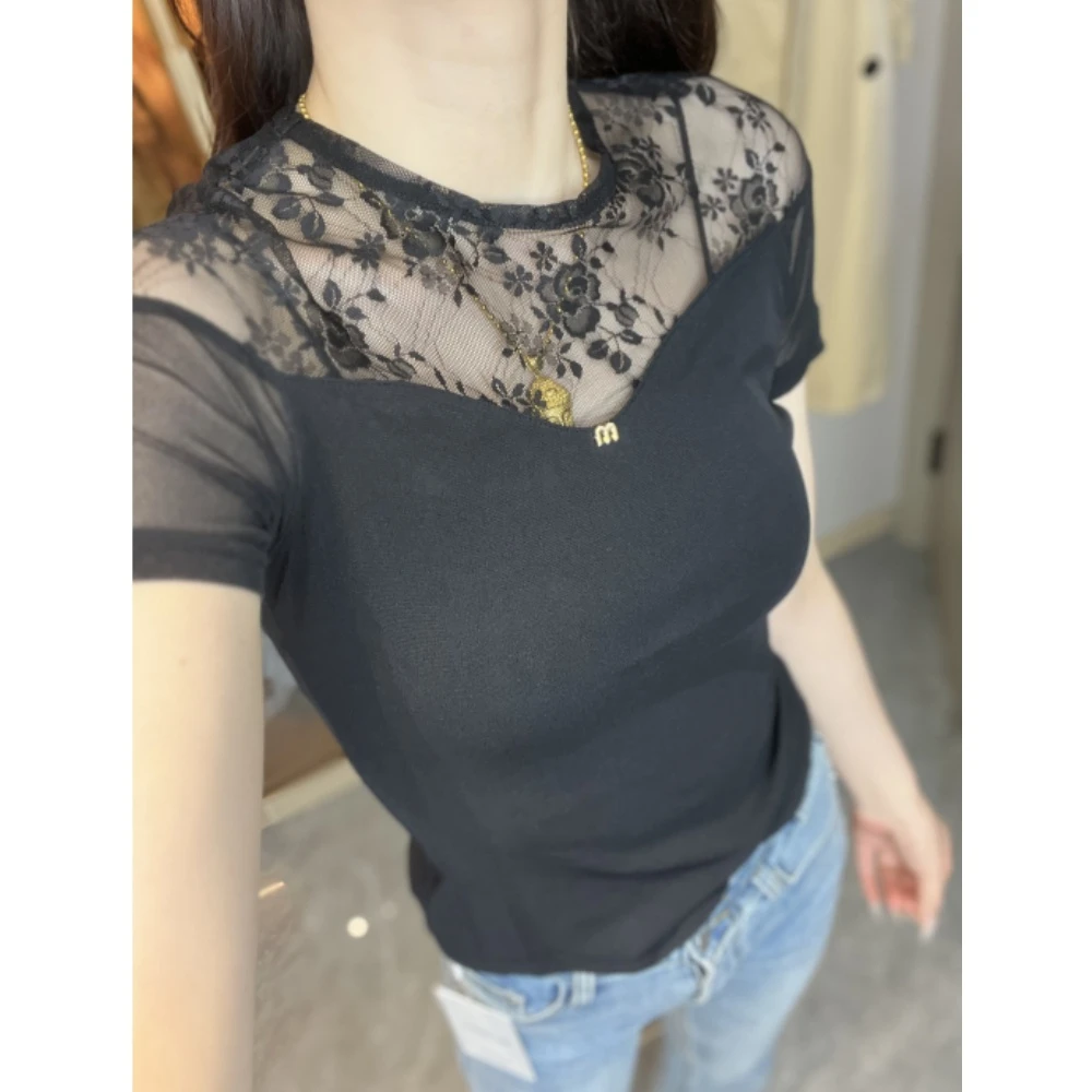 【金金家】微透圆领短袖女款爆款2025新款独特漂亮小衫纯色洋气上衣