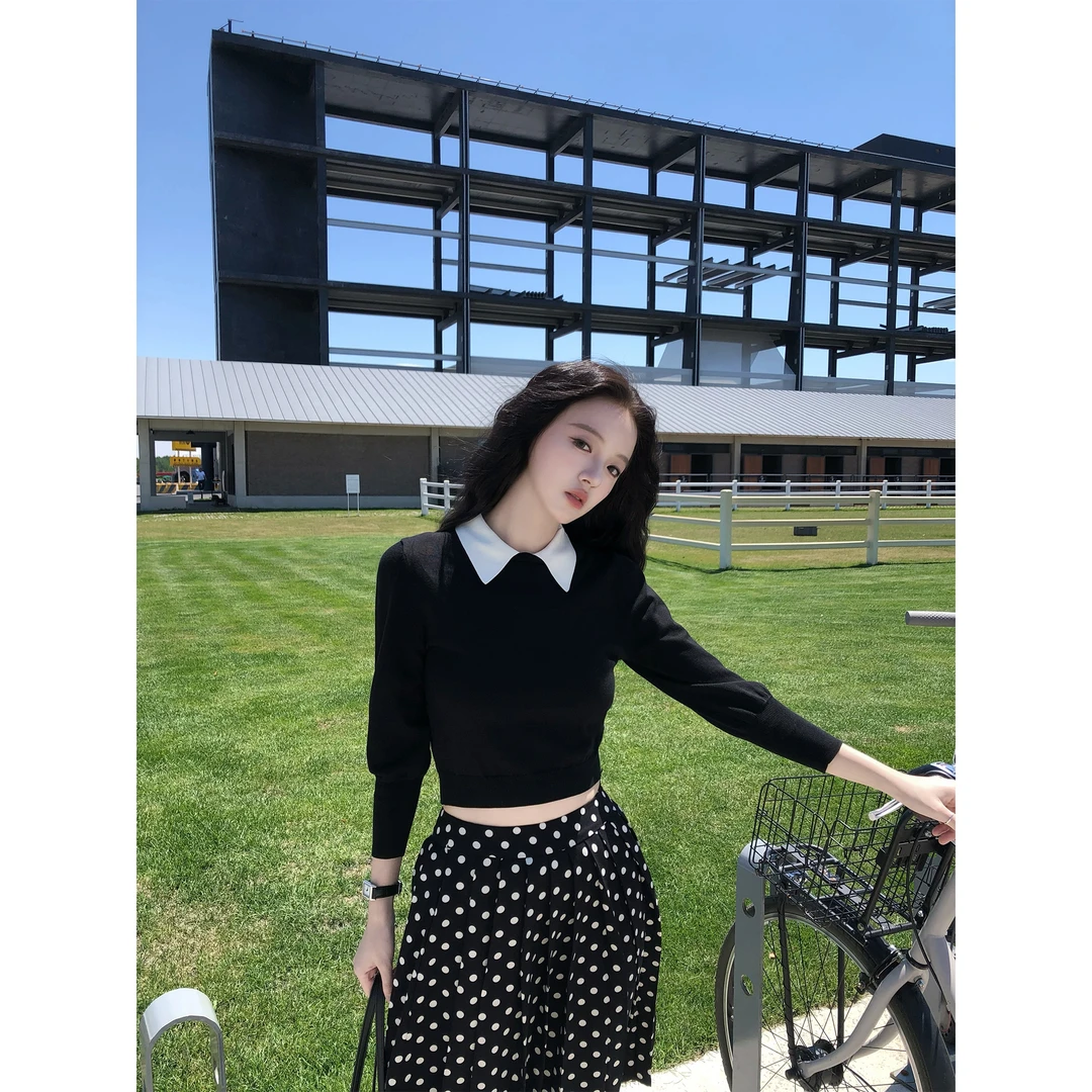 学院风撞色polo领长袖针织衫女秋季黑色收腰显瘦小个子短款上衣