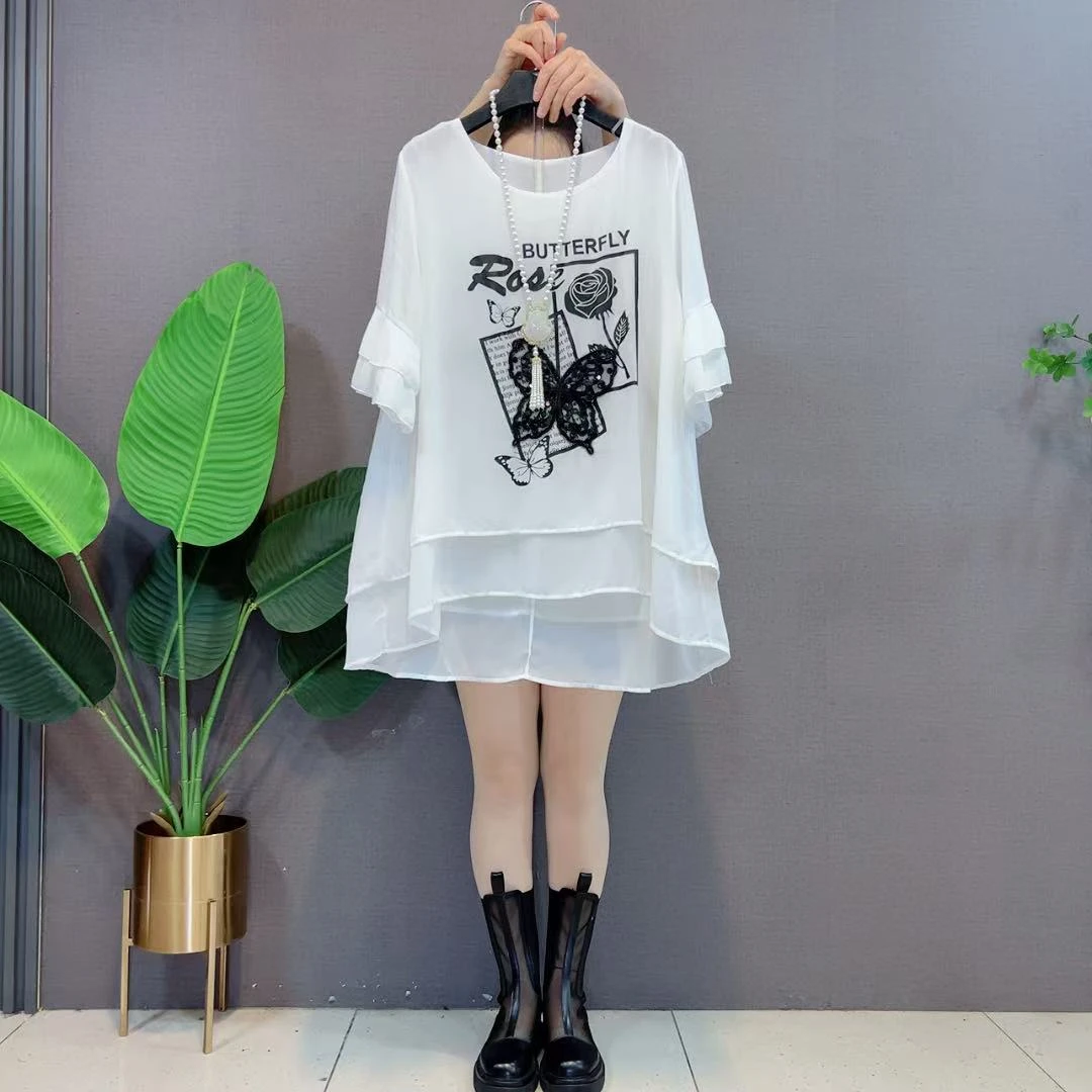 胖妹妹大码夏季新款时尚短袖女韩版洋气圆领拼接卡通印花女人衫潮