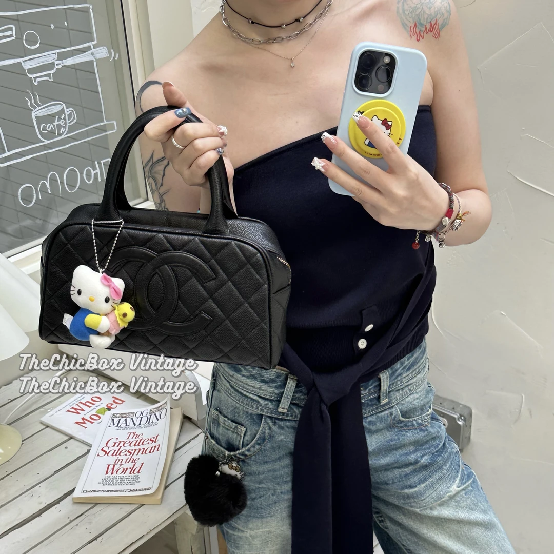 95新 Chanel/香奈儿 只盒/中古Jennie同款黑色鱼子酱小号保龄球包